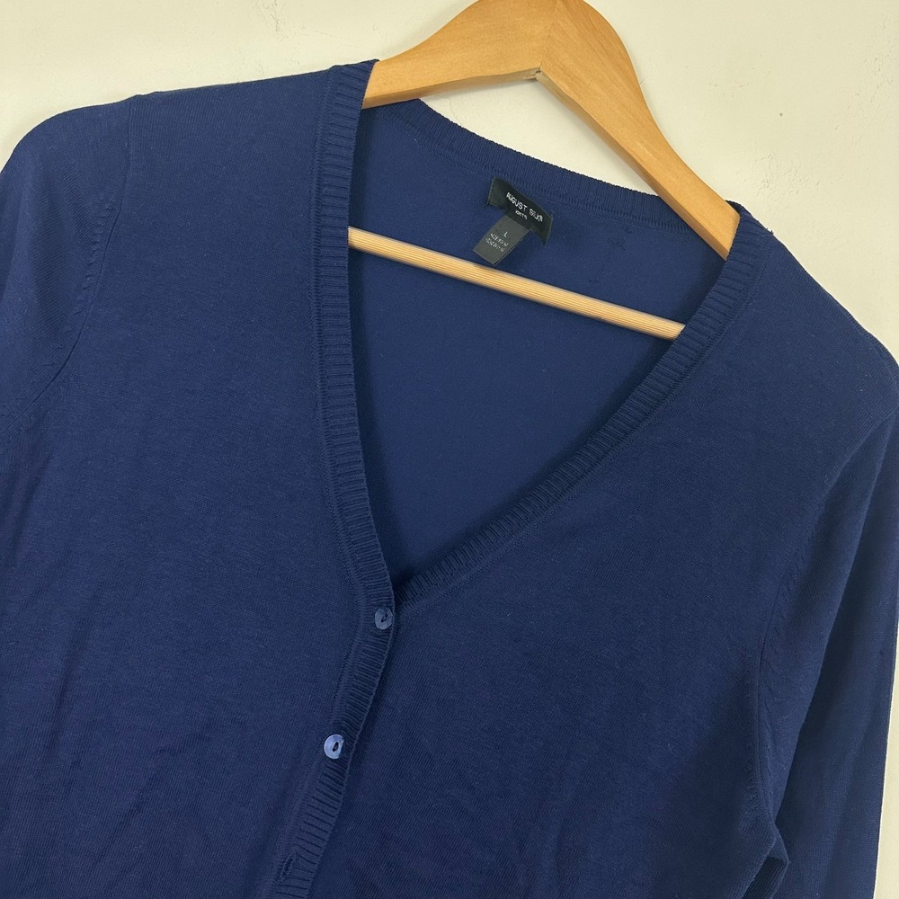 August Silk Cardigan Sweater Blue Tight Knit Parisian Minimalist Womens L Read